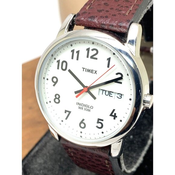 Timex Men's Watch T20041 Quartz Indiglo White Dial Day Date Leather Strap 35mm - Picture 1 of 14